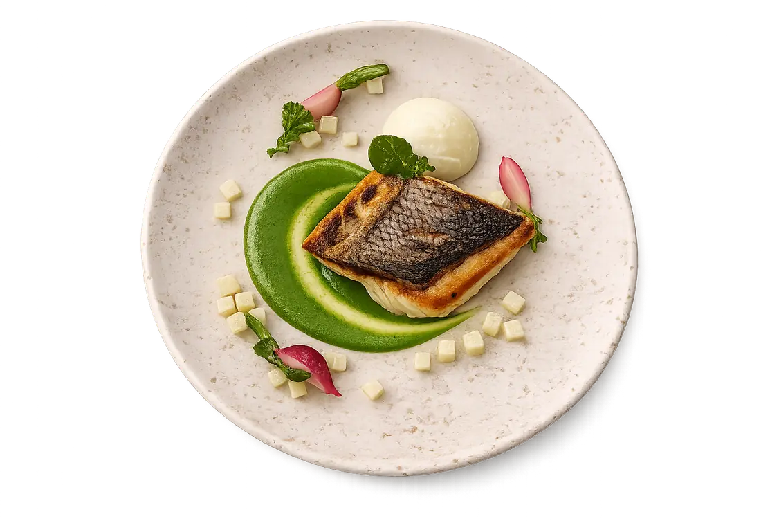 Assiette dressée vue de dessus : filet de poisson à la peau grillée sur une sauce verte, quenelle de purée, oignons rouges confits et dés de légume blanc