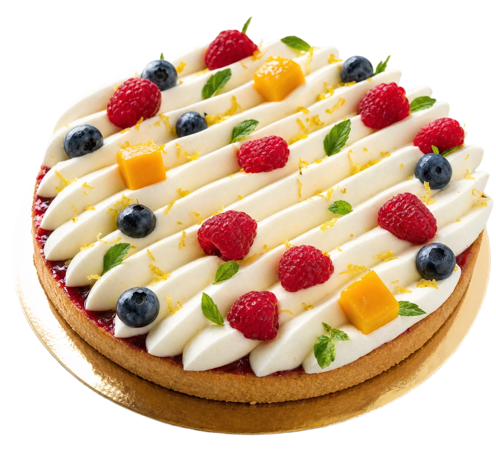 Grande tarte ronde à la crème dressée en bandes, garnie de framboises, myrtilles et cubes de mangue