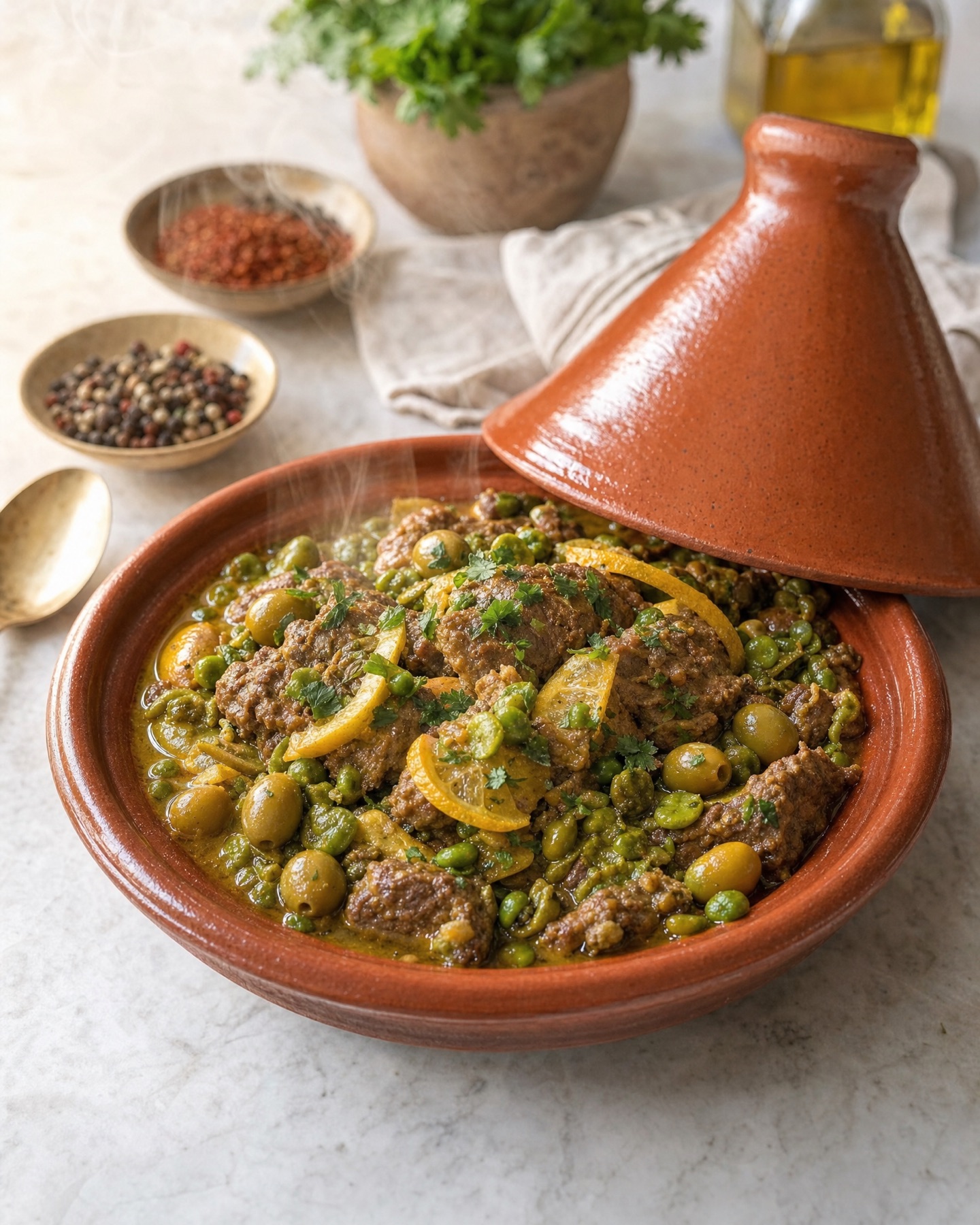 Tajine de terre cuite ouvert : boulettes de viande, olives vertes, petits pois et citron confit