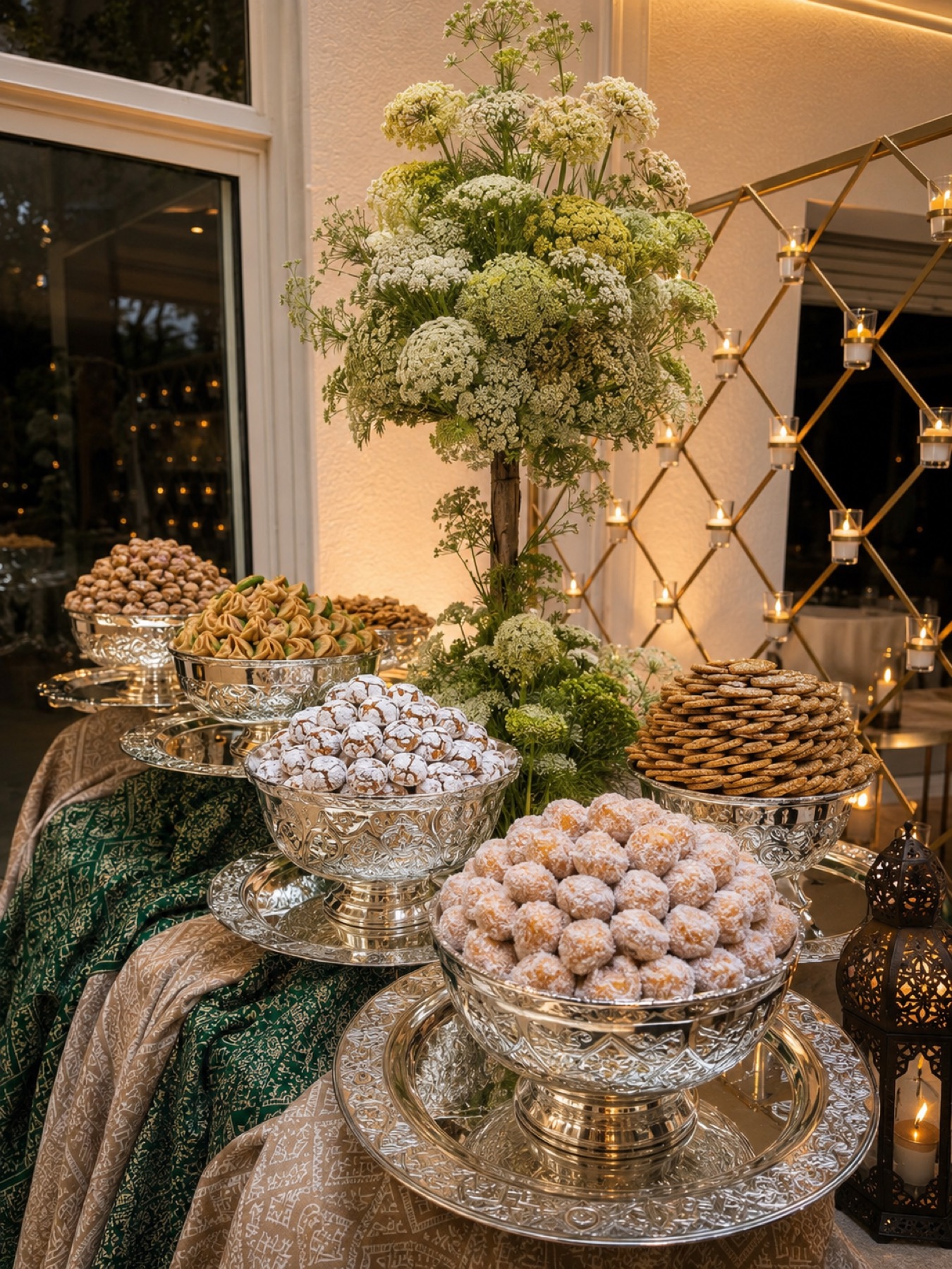 Coupes d'argent ciselé garnies de ghribas poudrées et de pâtisseries d'amande, devant un arbre floral blanc