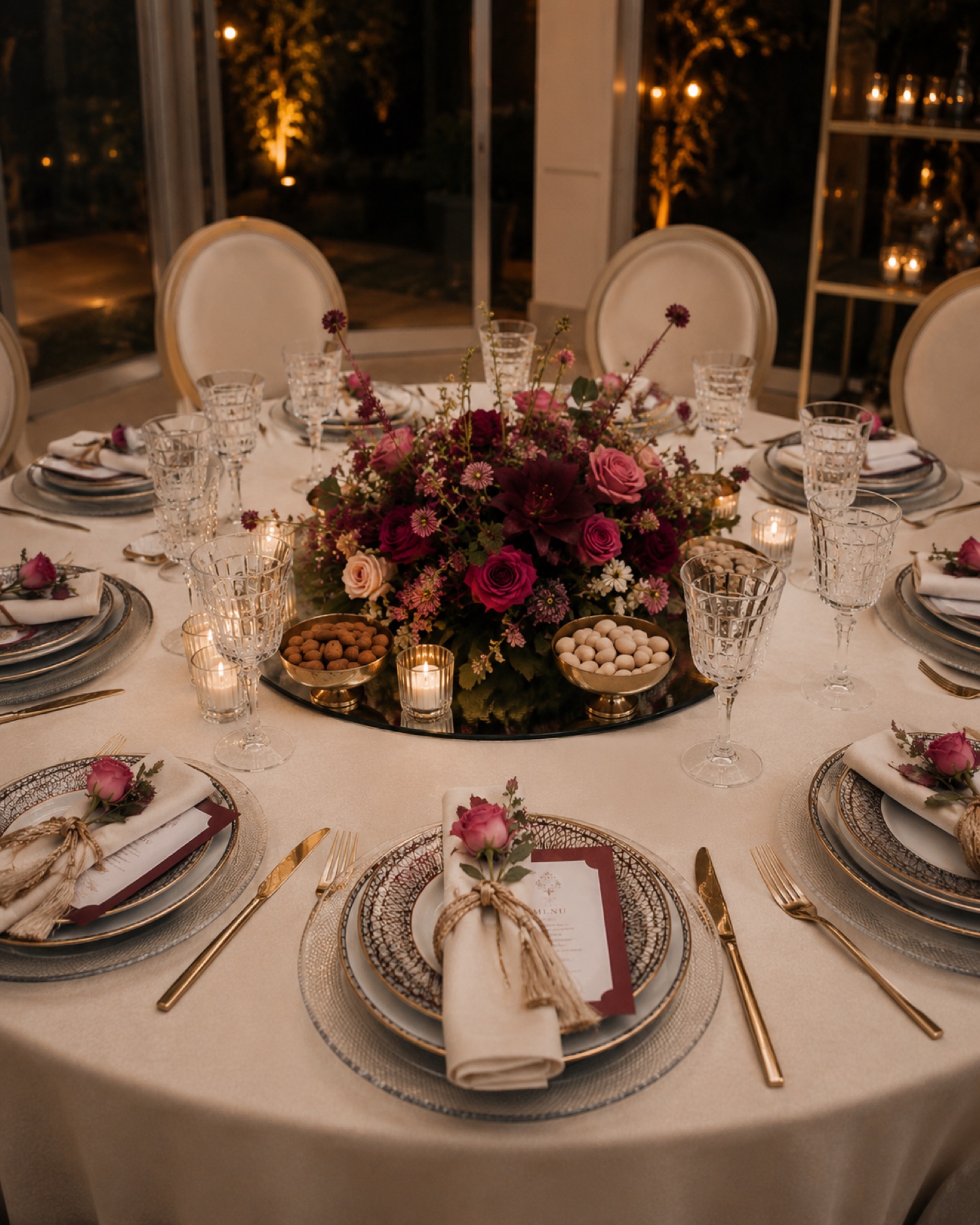 Table ronde dressée le soir : centre de roses fuchsia et bordeaux sur plateau miroir, cristal taillé et couverts dorés