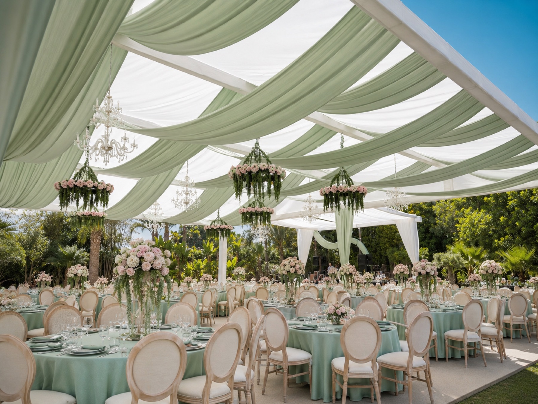 Chapiteau de mariage en plein jour : voiles blancs et céladon, lustres de cristal et tables rondes nappées de céladon
