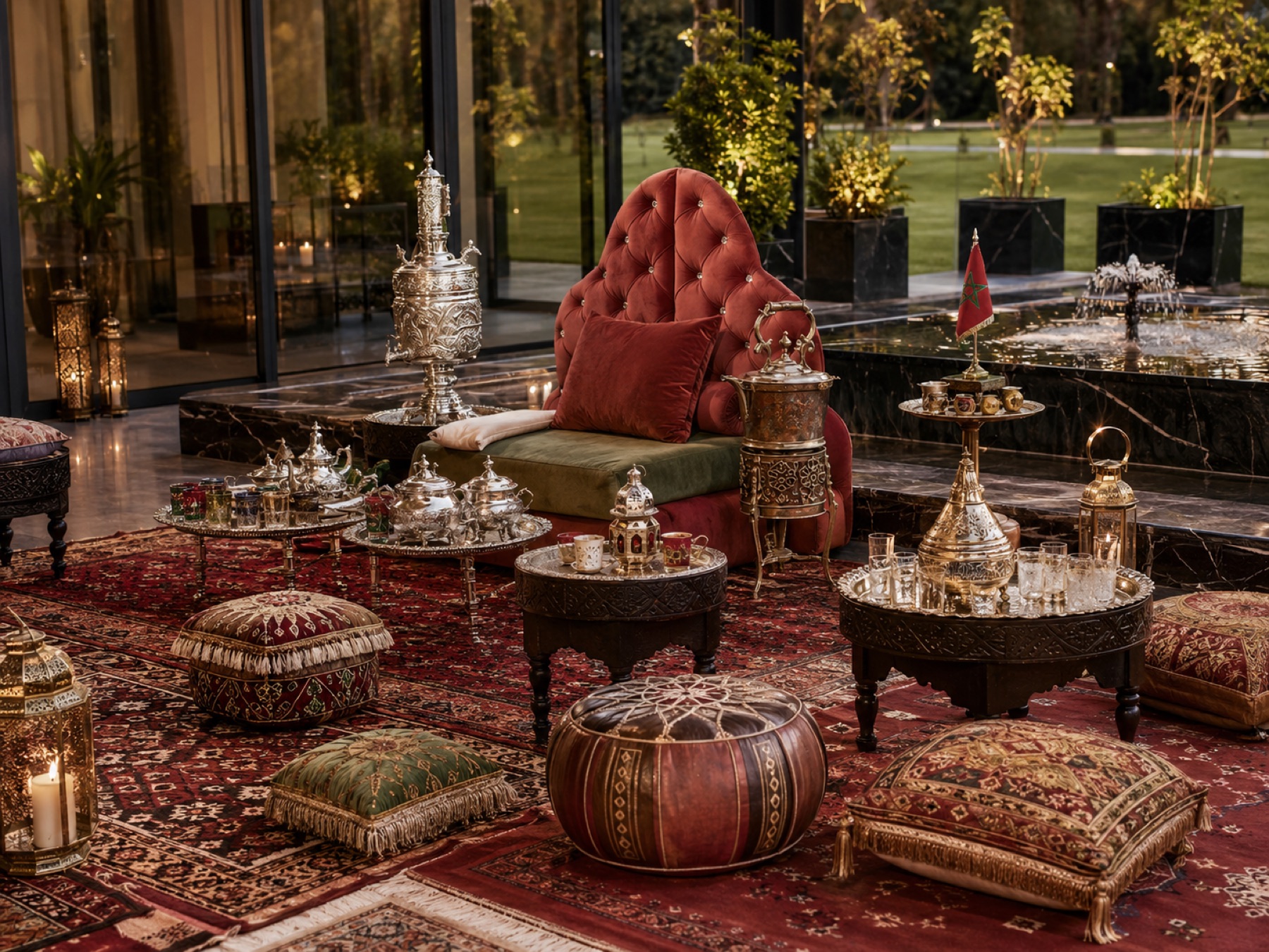 Salon marocain dressé au crépuscule : tapis superposés, poufs brodés, théières d'argent et lanternes allumées