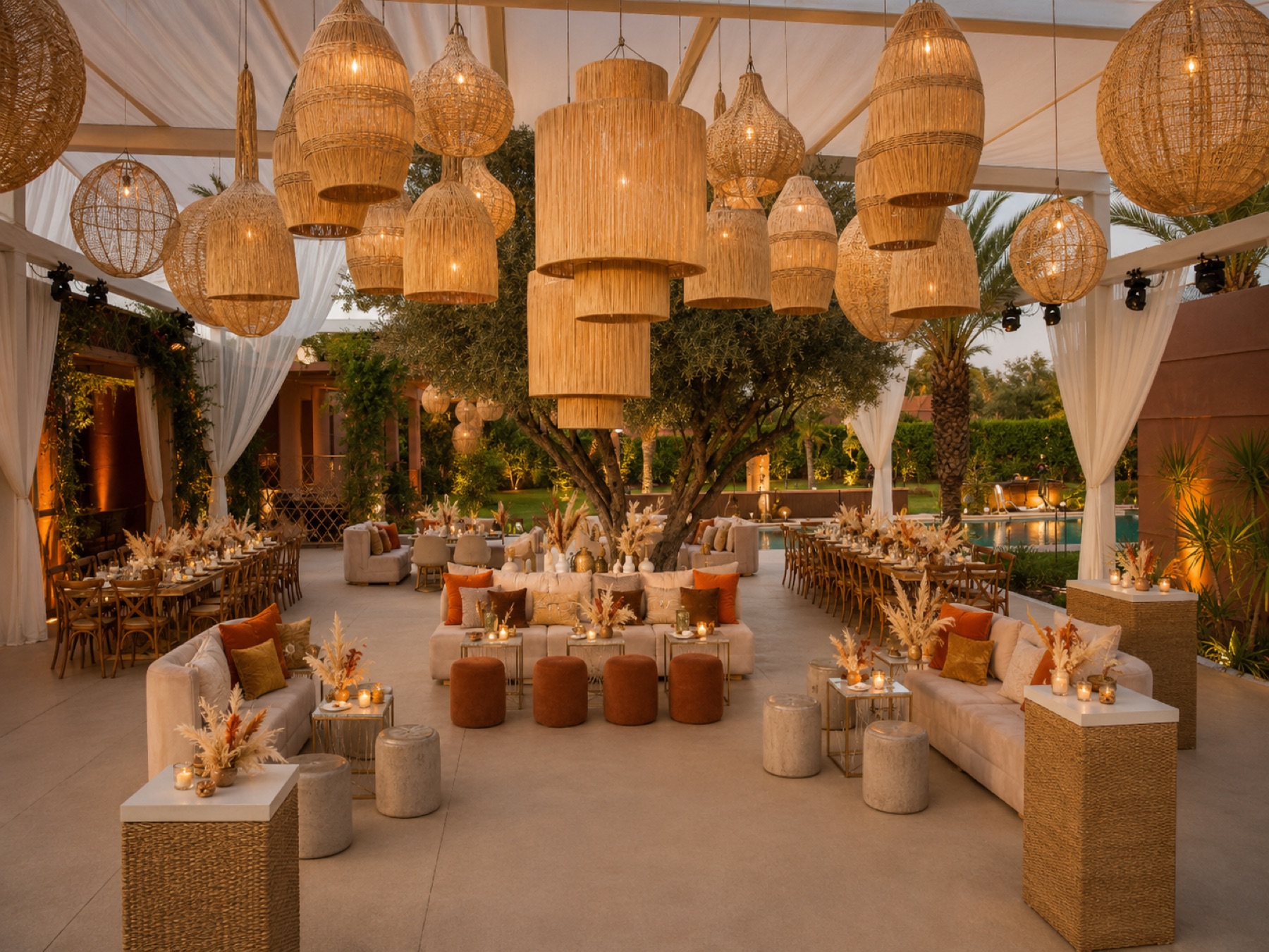 Lieu dressé au crépuscule : suspensions d'osier sous une pergola autour d'un olivier, banquettes de lin et pampa