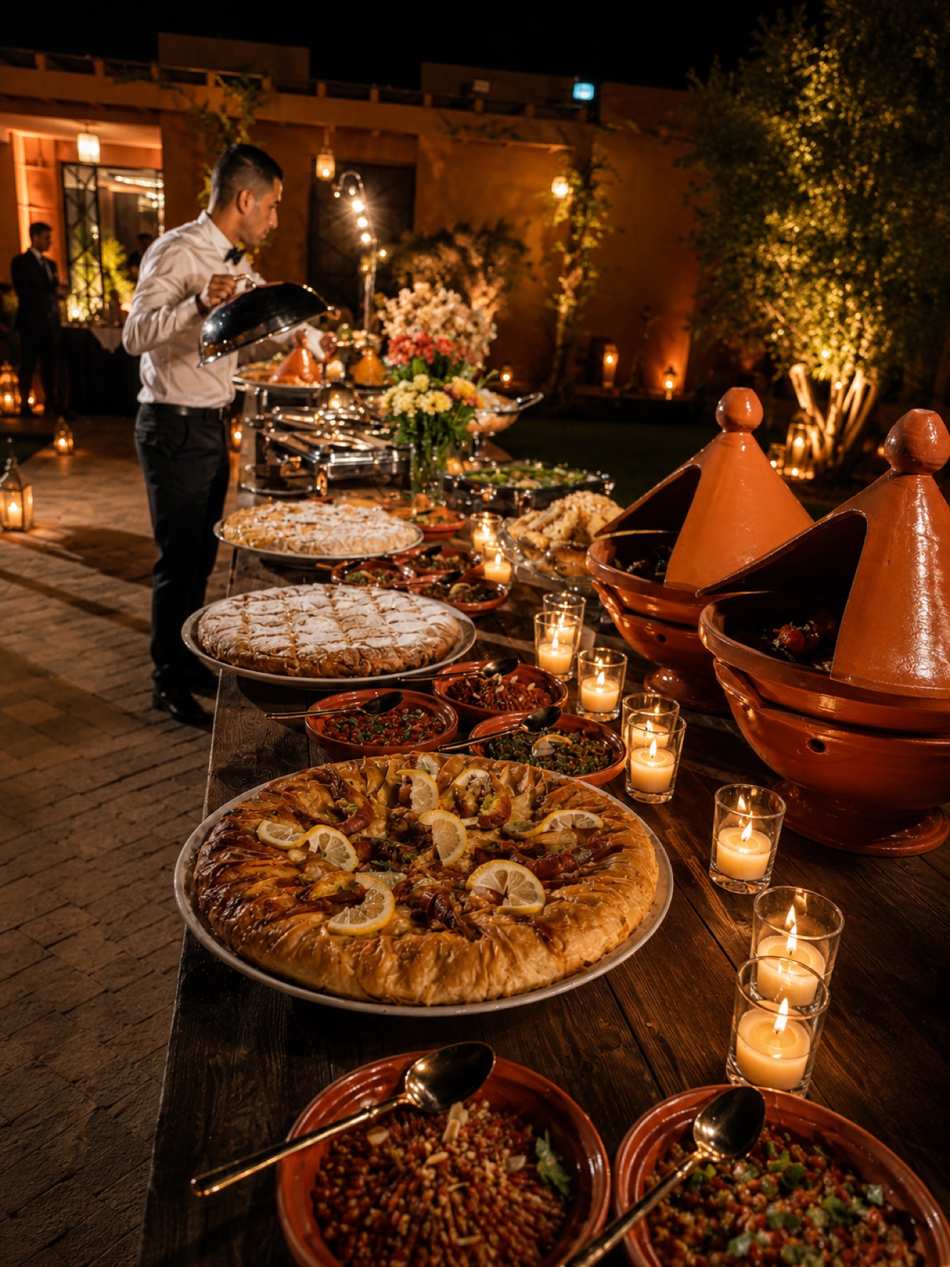 Serveur soulevant une cloche d'argent au-dessus d'un long buffet de pastilla, tajines et salades cuites